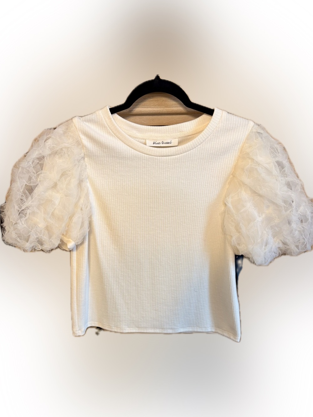 Blue Tassel Cream Puff-Sleeve Ribbed Top